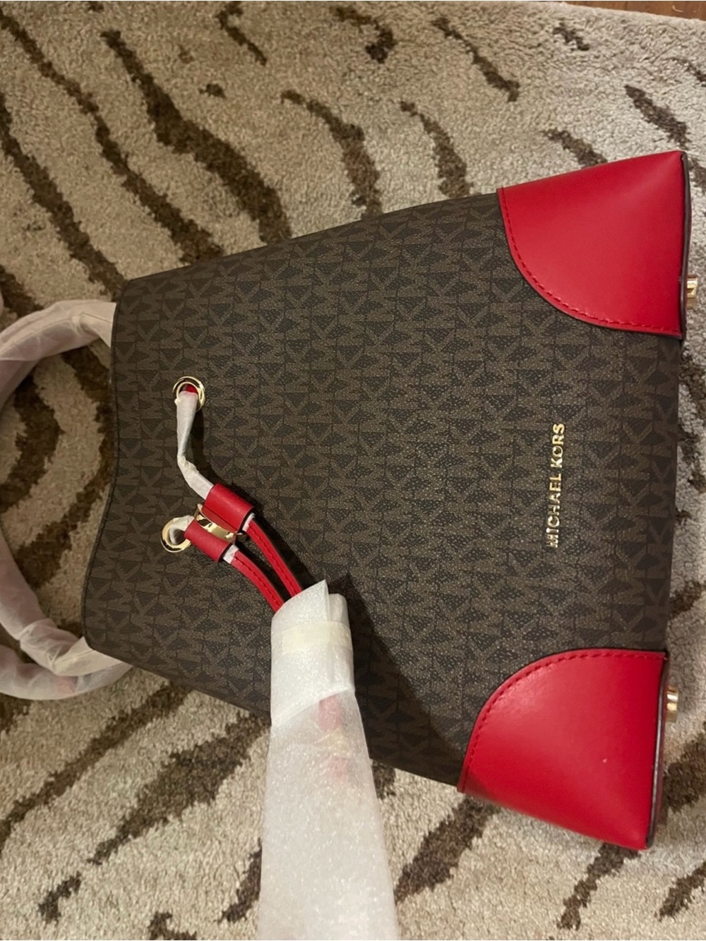 MICHAEL Michael Kors Brown Logo Tote with Red Trim new in box